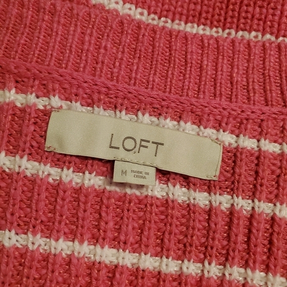 LOFT PINK & White Striped Chunky Knit Cardigan size Medium, Casual, Comfy - Picture 6 of 9